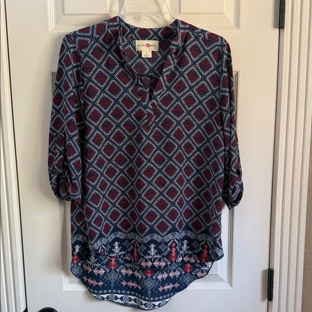 Wishful Park Diamond Pattern Blouse - Red and Blue